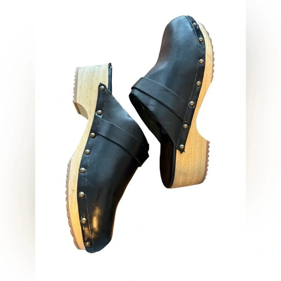 Free People Callum Clogs Black Leather Studded Wooden Base Size 37 6.5 - Picture 6 of 7